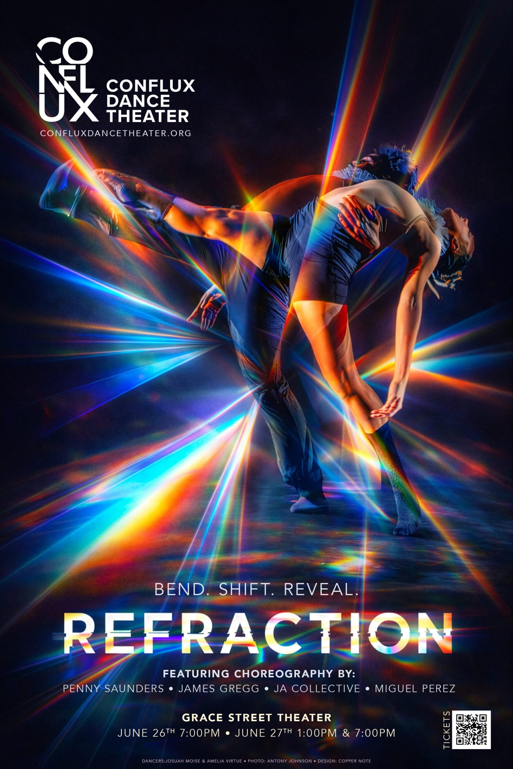 Dance Performance Poster: Bend. Shift. Reveal. REFRACTION. Featuring choreography by Penny Saunders, James Gregg, Ja Collective and Miguel Perez. Grace Street Theater. June 26 @ 7pm or June 27 @ 1pm & 7pm